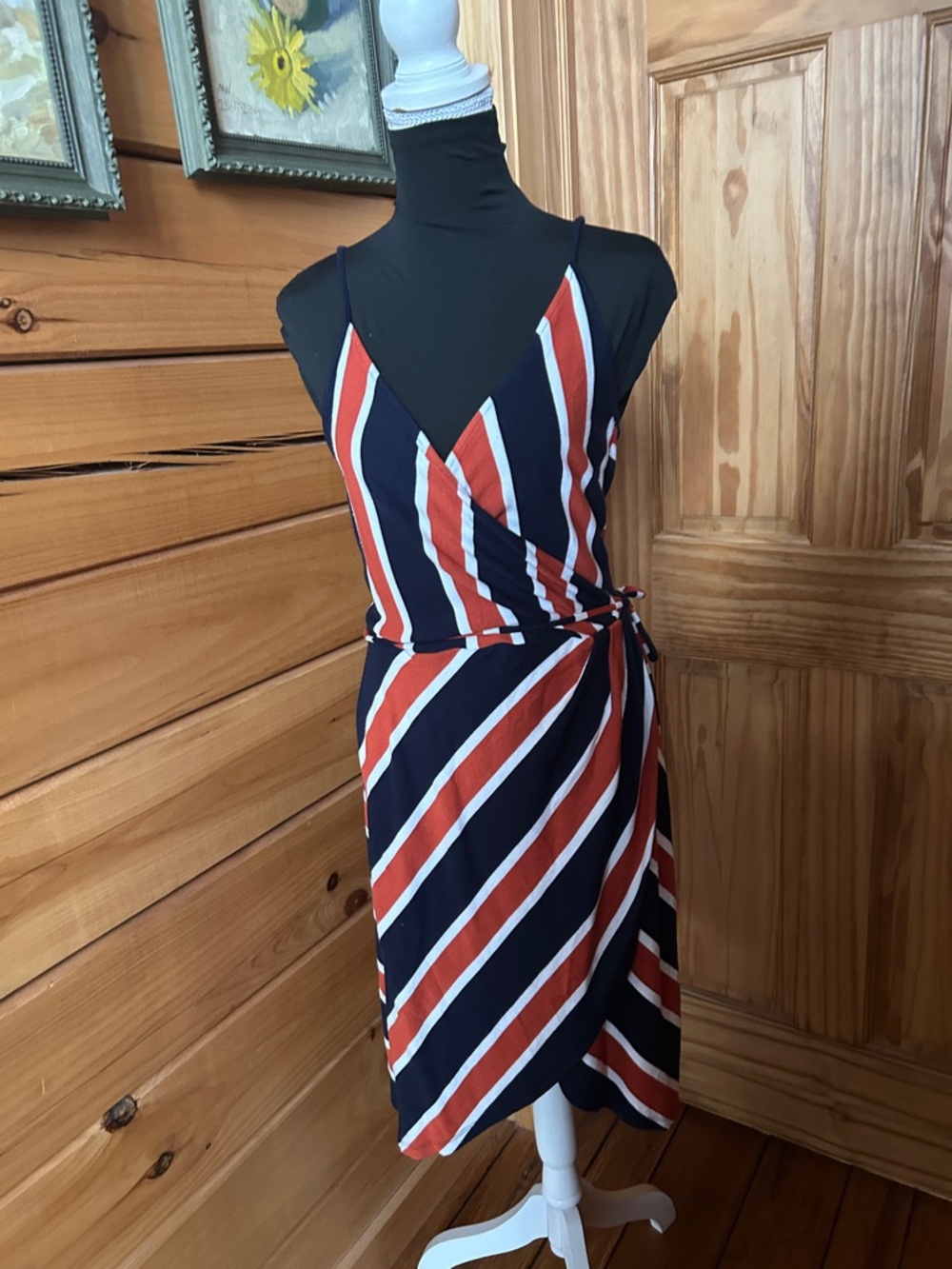 Market & Spruce Navy, Rust and White Striped Wrap Midi Dress